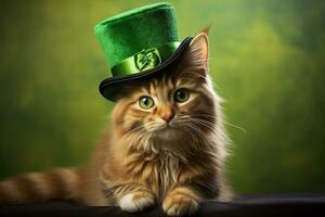 carino gatto indossare un' verde superiore cappello per st. Patrick giorno. ai generato foto