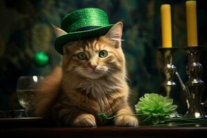 carino gatto indossare un' verde superiore cappello per st. Patrick giorno. ai generato foto