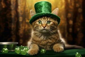 carino gatto indossare un' verde superiore cappello per st. Patrick giorno. ai generato foto