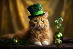 carino gatto indossare un' verde superiore cappello per st. Patrick giorno. ai generato foto