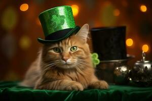 carino gatto indossare un' verde superiore cappello per st. Patrick giorno. ai generato foto