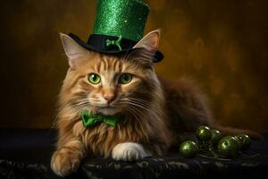 carino gatto indossare un' verde superiore cappello per st. Patrick giorno. ai generato foto