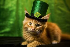 carino gatto indossare un' verde superiore cappello per st. Patrick giorno. ai generato foto