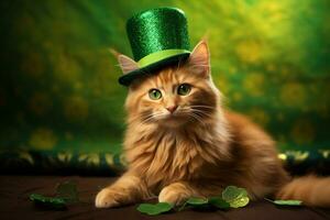 carino gatto indossare un' verde superiore cappello per st. Patrick giorno. ai generato foto