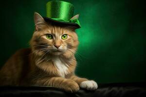 carino gatto indossare un' verde superiore cappello per st. Patrick giorno. ai generato foto