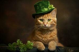 carino gatto indossare un' verde superiore cappello per st. Patrick giorno. ai generato foto