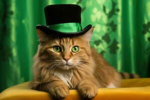 carino gatto indossare un' verde superiore cappello per st. Patrick giorno. ai generato foto