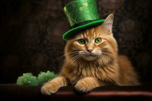 carino gatto indossare un' verde superiore cappello per st. Patrick giorno. ai generato foto
