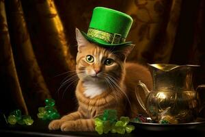 carino gatto indossare un' verde superiore cappello per st. Patrick giorno. ai generato foto