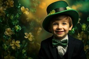 ritratto di un' sorridente ragazzo nel un' fata costume. st. Patrick giorno. ai generato foto