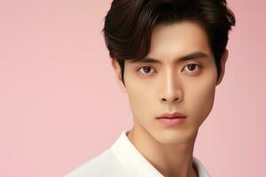 ritratto di un' bellissimo giovane asiatico uomo su rosa sfondo.asiatico bellezza ai generato foto