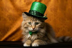 carino gatto indossare un' verde superiore cappello per st. Patrick giorno. ai generato foto