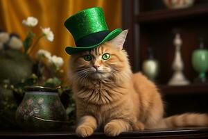 carino gatto indossare un' verde superiore cappello per st. Patrick giorno. ai generato foto