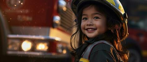 ritratto di sorridente asiatico poco ragazza indossare pompiere uniforme in piedi nel fuoco camion. ai generato foto