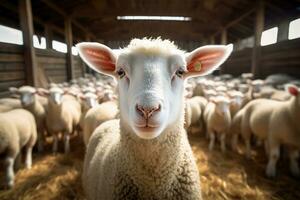 ritratto di un' carino agnello su un' sfondo di pecora nel il fienile ai generato foto