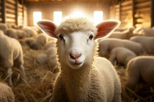 ritratto di un' carino agnello su un' sfondo di pecora nel il fienile ai generato foto