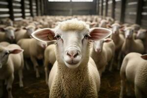 ritratto di un' carino agnello su un' sfondo di pecora nel il fienile ai generato foto