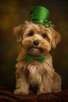 carino cucciolo nel verde superiore cappello. st. Patrick giorno. ai generato foto