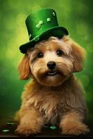 carino cucciolo nel verde superiore cappello. st. Patrick giorno. ai generato foto