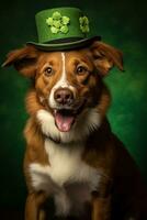 carino cucciolo nel verde superiore cappello. st. Patrick giorno. ai generato foto