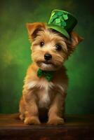 carino cucciolo nel verde superiore cappello. st. Patrick giorno. ai generato foto