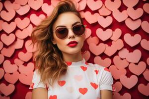 San Valentino giorno. ritratto di bellissimo giovane donna nel occhiali da sole su rosso sfondo con cuori. ai generato foto