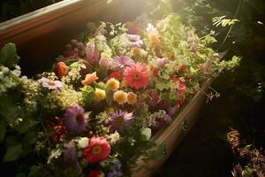 colorato fiori su il tomba nel il cimitero, funerale concetto. ai generato foto