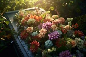 colorato fiori su il tomba nel il cimitero, funerale concetto. ai generato foto