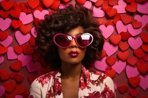 alla moda africano americano donna con bicchieri su San Valentino sfondo ai generato foto