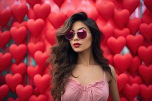 San Valentino giorno. ritratto di bellissimo giovane asiatico donna nel occhiali da sole su rosso sfondo con cuori. ai generato foto