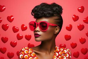 alla moda africano americano donna con bicchieri su San Valentino sfondo ai generato foto