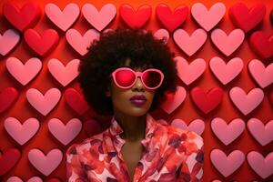 alla moda africano americano donna con bicchieri su San Valentino sfondo ai generato foto