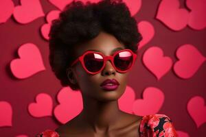 alla moda africano americano donna con bicchieri su San Valentino sfondo ai generato foto