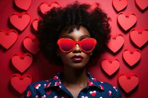 alla moda africano americano donna con bicchieri su San Valentino sfondo ai generato foto