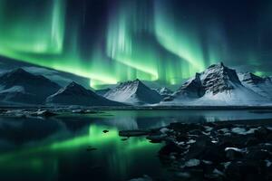 aurora Borealis nel Islanda con neve coperto montagne e riflessione ai generato foto