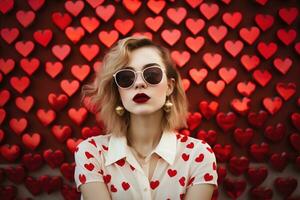 San Valentino giorno. ritratto di bellissimo giovane donna nel occhiali da sole su rosso sfondo con cuori. ai generato foto