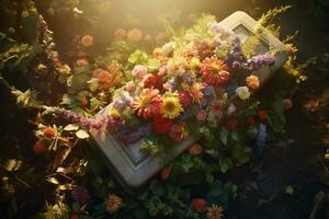 colorato fiori su il tomba nel il cimitero, funerale concetto. ai generato foto