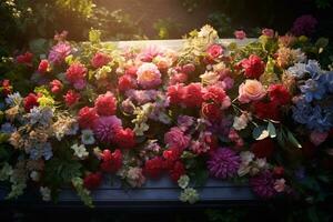 colorato fiori su il tomba nel il cimitero, funerale concetto. ai generato foto