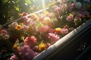 colorato fiori su il tomba nel il cimitero, funerale concetto. ai generato foto