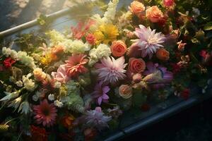 colorato fiori su il tomba nel il cimitero, funerale concetto. ai generato foto