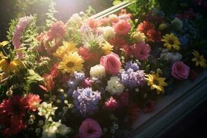 colorato fiori su il tomba nel il cimitero, funerale concetto. ai generato foto