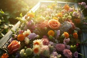 colorato fiori su il tomba nel il cimitero, funerale concetto. ai generato foto