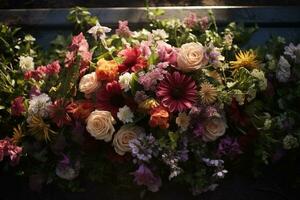 colorato fiori su il tomba nel il cimitero, funerale concetto. ai generato foto