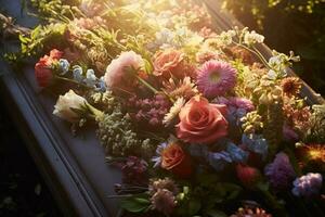 colorato fiori su il tomba nel il cimitero, funerale concetto. ai generato foto