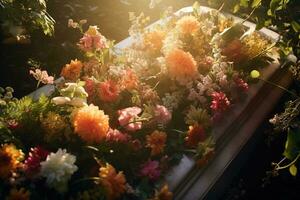 colorato fiori su il tomba nel il cimitero, funerale concetto. ai generato foto