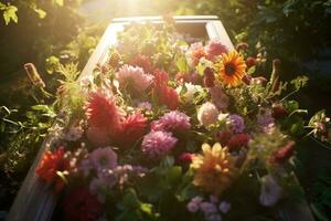 colorato fiori su il tomba nel il cimitero, funerale concetto. ai generato foto