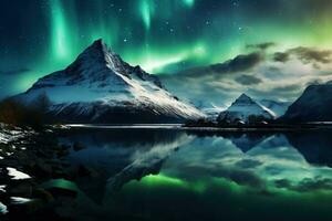 aurora Borealis nel Islanda con neve coperto montagne e riflessione ai generato foto