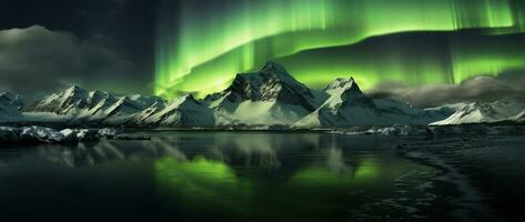 aurora Borealis nel Islanda con neve coperto montagne e riflessione ai generato foto