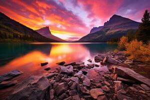 maestoso tramonto nel ghiacciaio nazionale parco, Montana, Stati Uniti d'America. ai generato foto