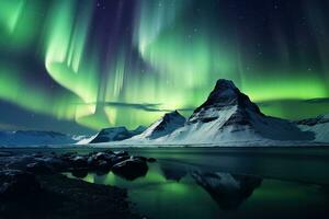 aurora Borealis nel Islanda con neve coperto montagne e riflessione ai generato foto